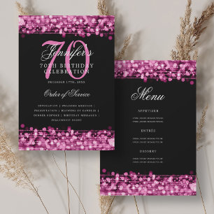 Convite Elegante 70 Birthday Program Hot Pink w/ Menu