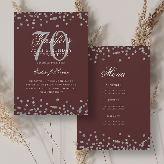 Convite Elegante 70 Birthday Program Menu Silver Burgundy (Elegant 70th Birthday Program Menu Silver Burgundy)