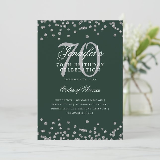 Convite Elegante 70 Birthday Program Menu Silver Green (Em pé/Frente)