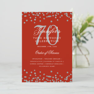 Convite Elegante 70 Birthday Program Menu Silver Red