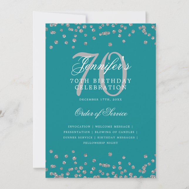 Convite Elegante 70 Birthday Program Menu Silver Teal (Frente)