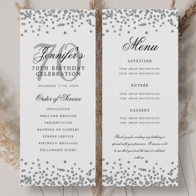 Convite Elegante 70 Birthday Program Obrigado U Silver (Elegant 70th Birthday Program Menu Thank U Silver )