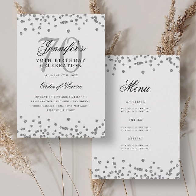 Convite Elegante 70 Birthday Program Silver (Elegant 70th Birthday Program Menu Silver )