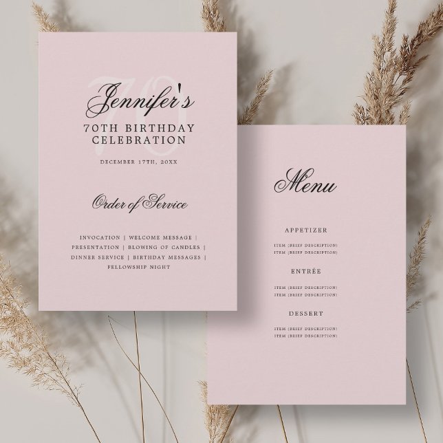 Convite Elegante 70 Birthday Programa Blush Pink w/ Menu (Elegant 70th Birthday Program Blush Pink w/ Menu)