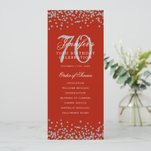Convite Elegante 70 Birthday Programa Silver Menu Vermelho