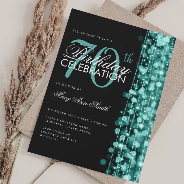 Convite Elegante 70 de Birthday Glam Sparkles Turquoise (Elegant 70th Birthday Glam Sparkles Turquoise Invitation)