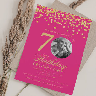 Convite Elegante 70 de Foto Aniversário Dourado Rosa Quent