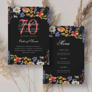 Convite Elegante 70 Floral Birthday Program Menu Preto