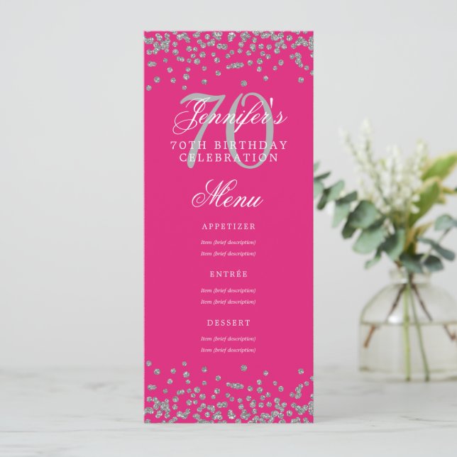 Convite Elegante 70 Menu Aniversário Silver Confetti Rosa  (Em pé/Frente)