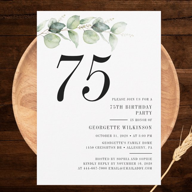 Convite Elegante 75ª Festa de aniversário (Elegant Eucalyptus Minimalist 75th Birthday Party Invitation)