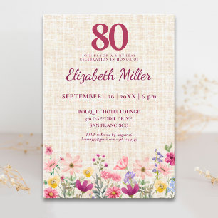 Convite Elegante 80º Aniversário para Ela - Flores de Linh