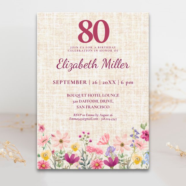 Convite Elegante 80º Aniversário para Ela - Flores de Linh (Criador carregado)