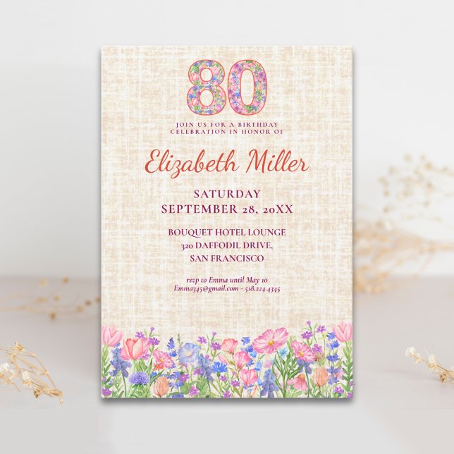 Convite Elegante 80º Aniversário para Ela - Flores Rosa (Criador carregado)