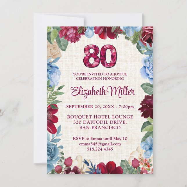 Convite Elegante 80 Birthday - Design Floral Burgundy (Frente)