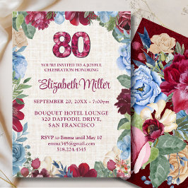 Convite Elegante 80 Birthday - Design Floral Burgundy