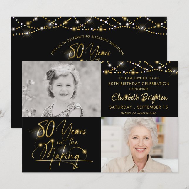 Convite Elegante 80 Birthday Dourado Lights Script 2 Fotog (Frente/Verso)