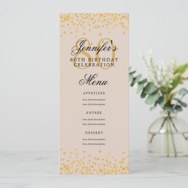 Convite Elegante 80 Birthday Menu Confetti Champagne Doura (Em pé/Frente)