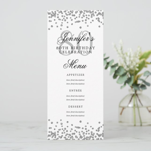 Convite Elegante 80 Birthday Menu Silver Confetti (Em pé/Frente)
