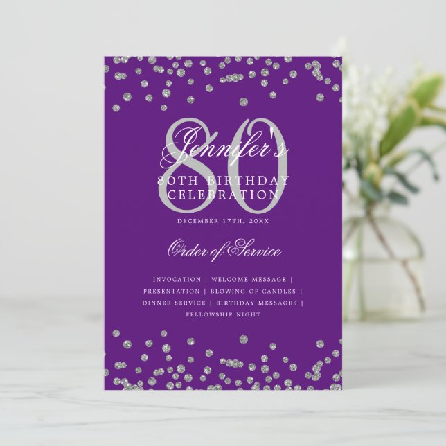 Convite Elegante 80 Birthday Program Menu Silver Purple (Em pé/Frente)