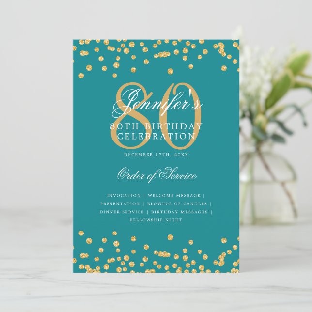 Convite Elegante 80 Birthday Program Menu Turquoise Dourad (Em pé/Frente)