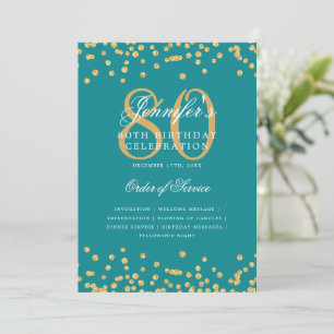 Convite Elegante 80 Birthday Program Menu Turquoise Dourad