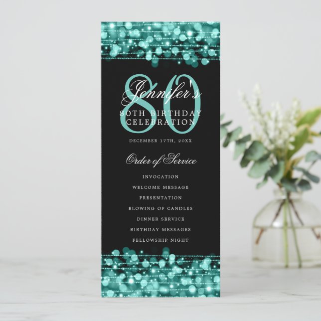 Convite Elegante 80 Birthday Program Turquoise Obrigado (Em pé/Frente)