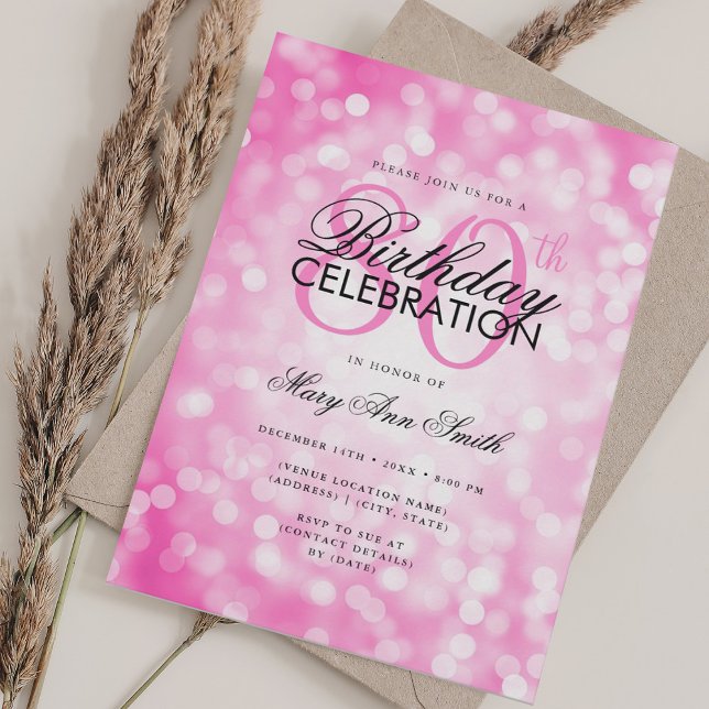Convite Elegante 80 de Birthday Glam Rosa Quente Brilhante (Elegant 80th Birthday Glam Pink Hot Shimmer Light Invitation)