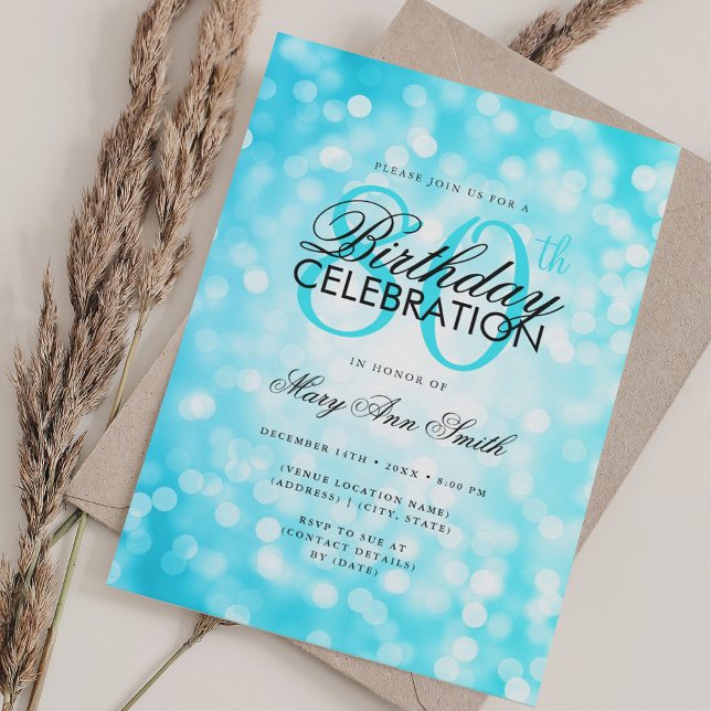 Convite Elegante 80 de Birthday Glam Turquoise Shimmer Lig (Elegant 80th Birthday Glam Turquoise Shimmer Light Invitation)