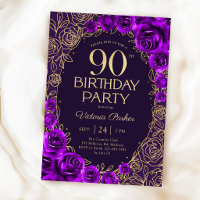 Elegante 90º Aniversário Roxo Dourado Floral