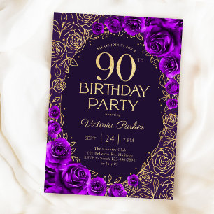 Convite Elegante 90º Aniversário Roxo Dourado Floral
