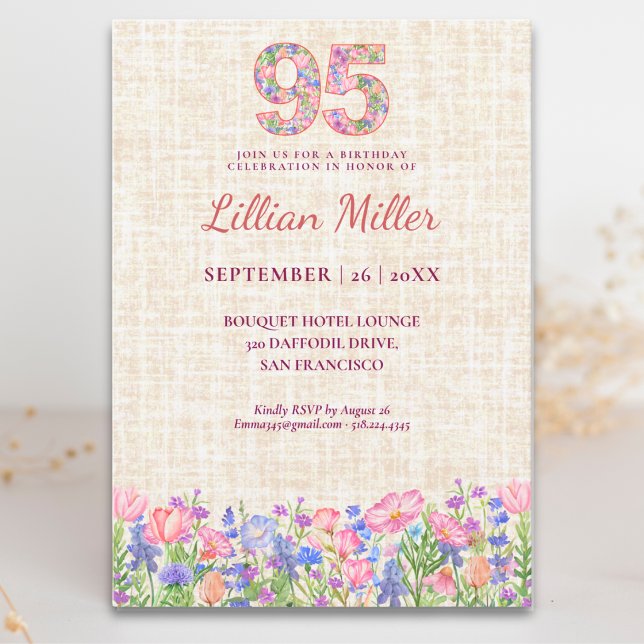 Convite Elegante 95º Aniversário para Ela - Flores Rosa (Criador carregado)