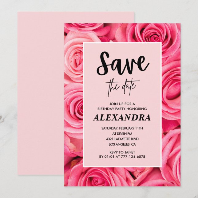Convite Elegante 99º aniversário Rosa Rosa Salve a data (Frente/Verso)