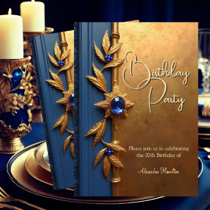 Convite Elegante Aço Azul Real Dourado Ornate Aniversário