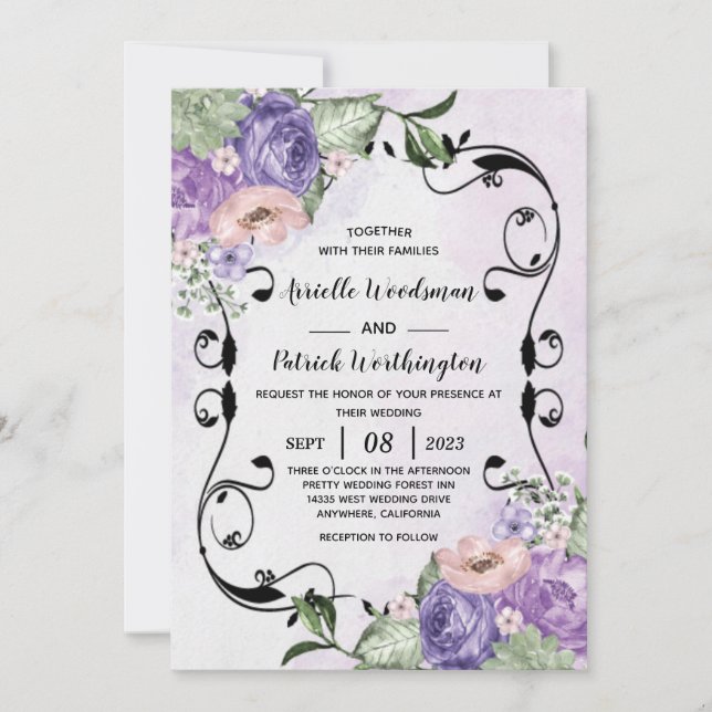 Convite # Elegante Aéreo Boho Floral Roxo & Prata Casament (Frente)