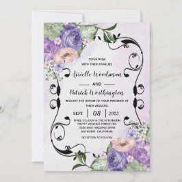 Convite # Elegante Aéreo Boho Floral Roxo & Prata Casament