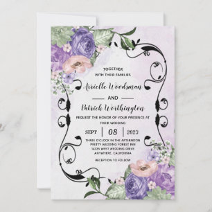 Convite # Elegante Aéreo Boho Floral Roxo & Prata Casament
