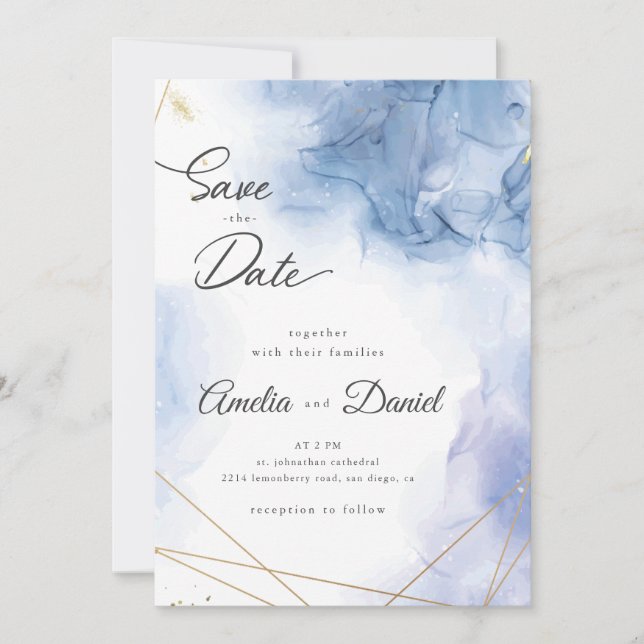 Convite Elegante Ágata Azul de casamento Save the Date (Frente)
