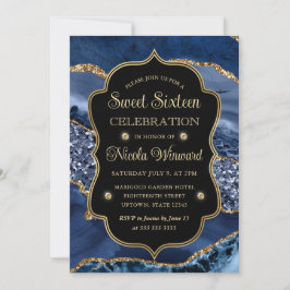 Convite Elegante Ágata Azul e Dourado com Brilho Sweet Six