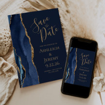 Elegante Ágata Azul Marinho Dourado Salve a Data