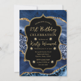 Convite Elegante Ágata Brilhante Azul e Dourado Aniversári