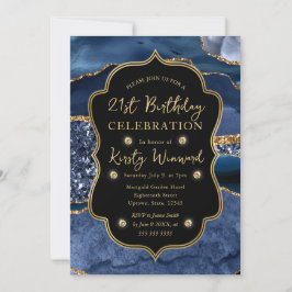 Convite Elegante Ágata Brilhante Azul e Dourado Aniversári