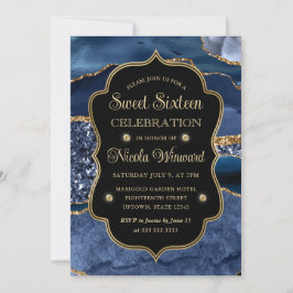 Convite Elegante Ágata Brilhante Azul e Dourado Sweet Sixt