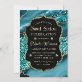 Convite Elegante Ágata Brilhante Turquesa e Dourado Sweet 