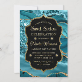 Convite Elegante Ágata Brilhante Turquesa e Dourado Sweet 