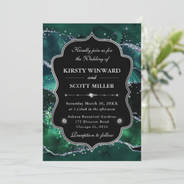 Convite Elegante Ágata Brilhante Verde & Casamento Prata