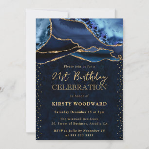 Convite Elegante Ágata Brilho Azul e Dourado Aniversário d