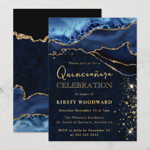 Convite Elegante Ágata Brilho Azul e Dourado Quinceanera