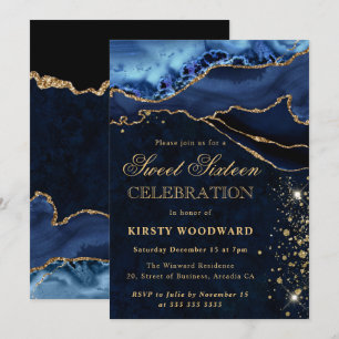 Convite Elegante Ágata Brilho Azul e Dourado Sweet 16