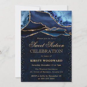 Convite Elegante Ágata Brilho Azul e Dourado Sweet 16