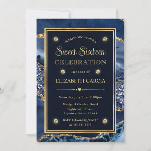 Convite Elegante Ágata Brilho Azul e Dourado Sweet Sixteen